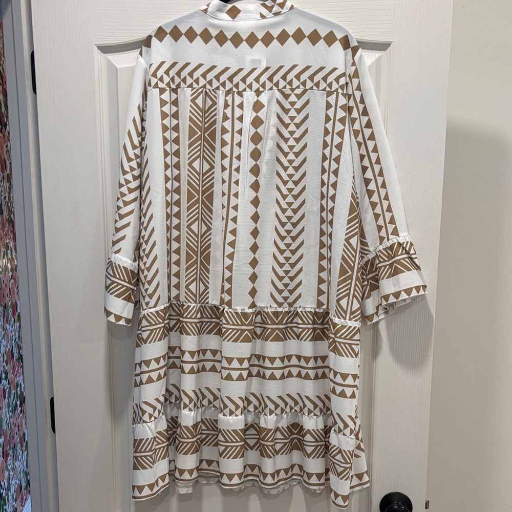 Silk & Salt White and Tan Geometric Print Dress - Picture 5 of 6